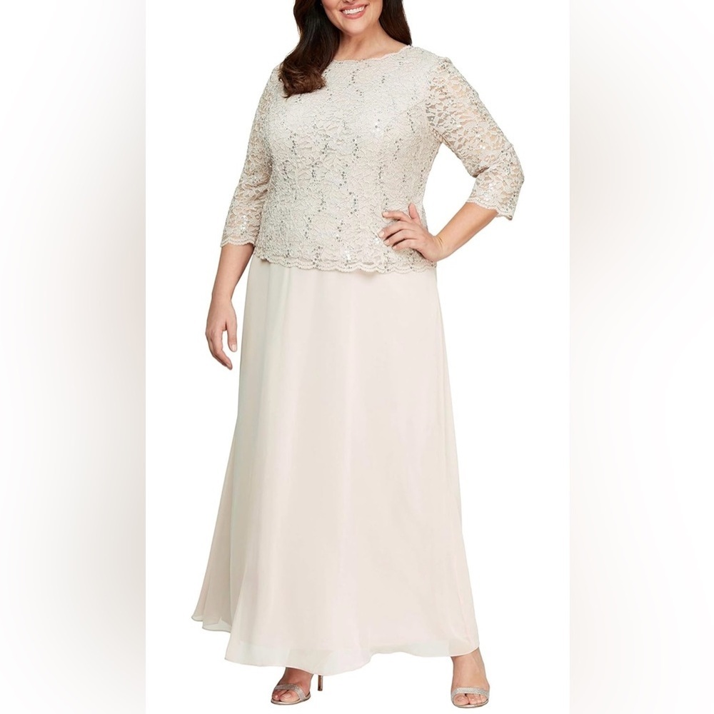 Alex Evenings Women's Plus Size Stretch Lace Bodice Mock One Piece Gown